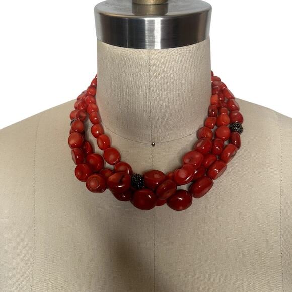 Coral Red Stone Beaded 3 Rows Necklace Heavy Classic Career Cosplay Boho 8" - Picture 1 of 3